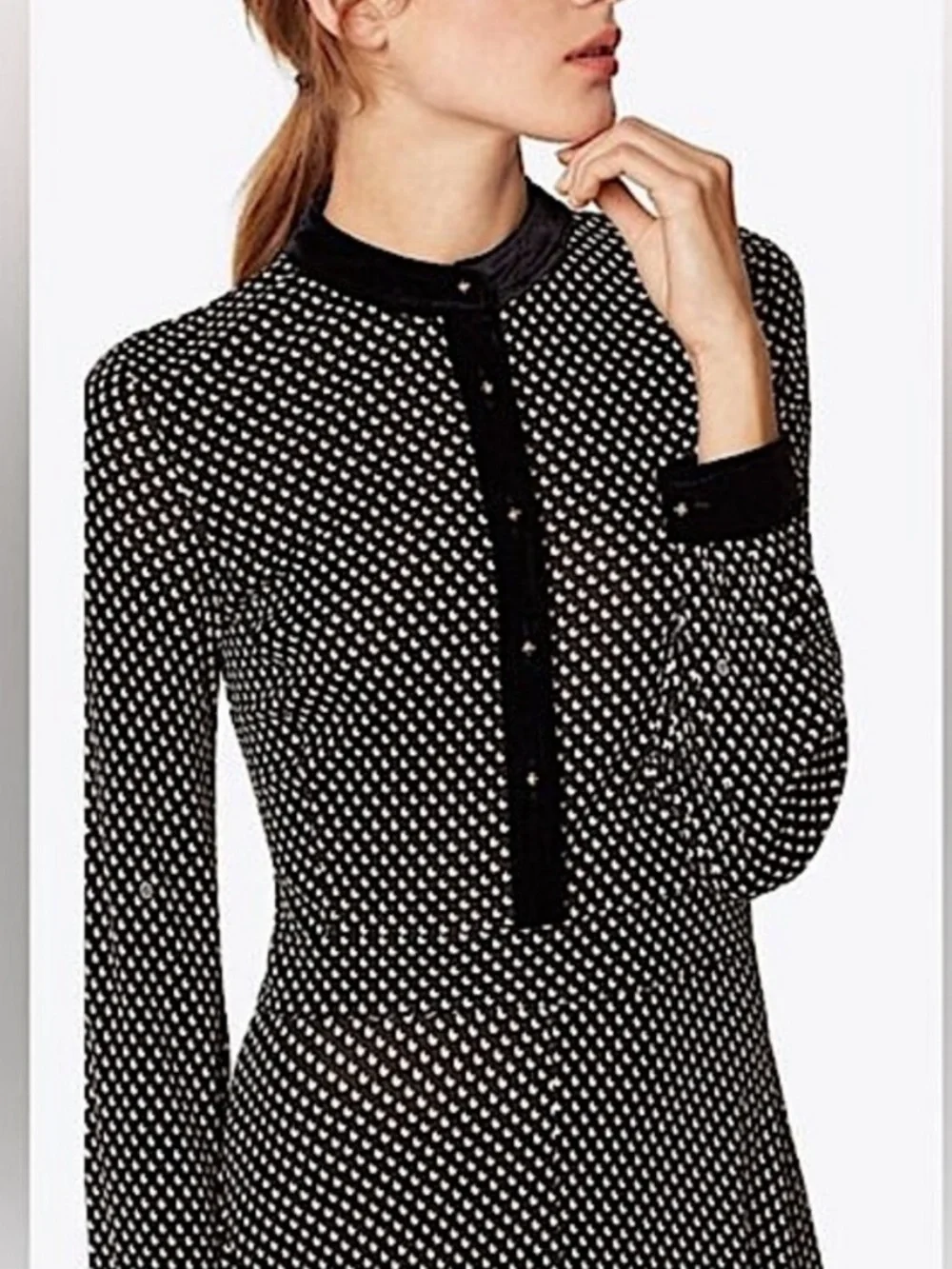 Tory Burch Anja Midi Dress Black Velvet Jazz Dot Long Sleeve Small $598